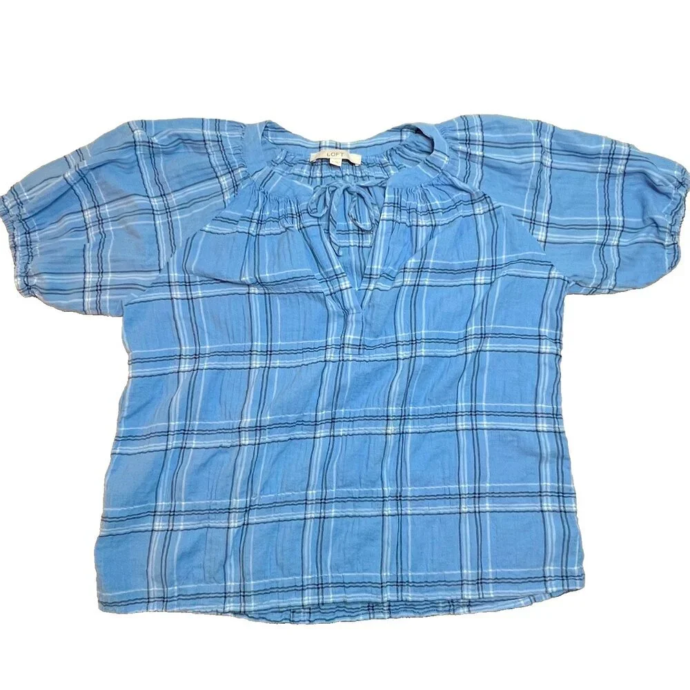 LOFT Blouse Womens L Short Puff Sleeve Tied V-Neck Blue Plaid Print Babydoll